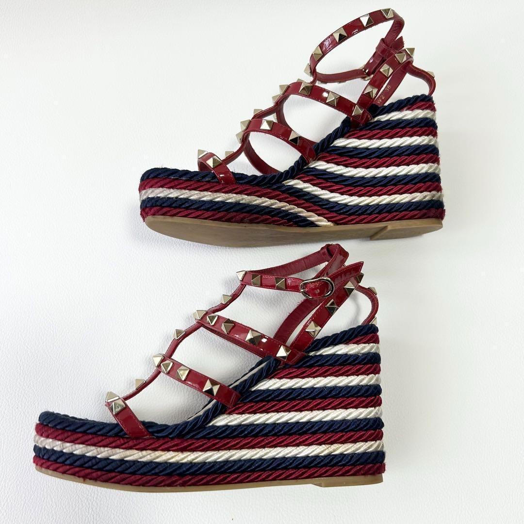 高級＊ヴァレンティノ ロックスタッズ カーフスキン ストラップウェッジサンダル
