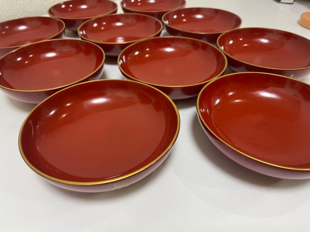 漆器 朱漆 内朱塗 漆器 吸物 懐石椀 煮物椀 10 客 牡丹柄 アンティーク