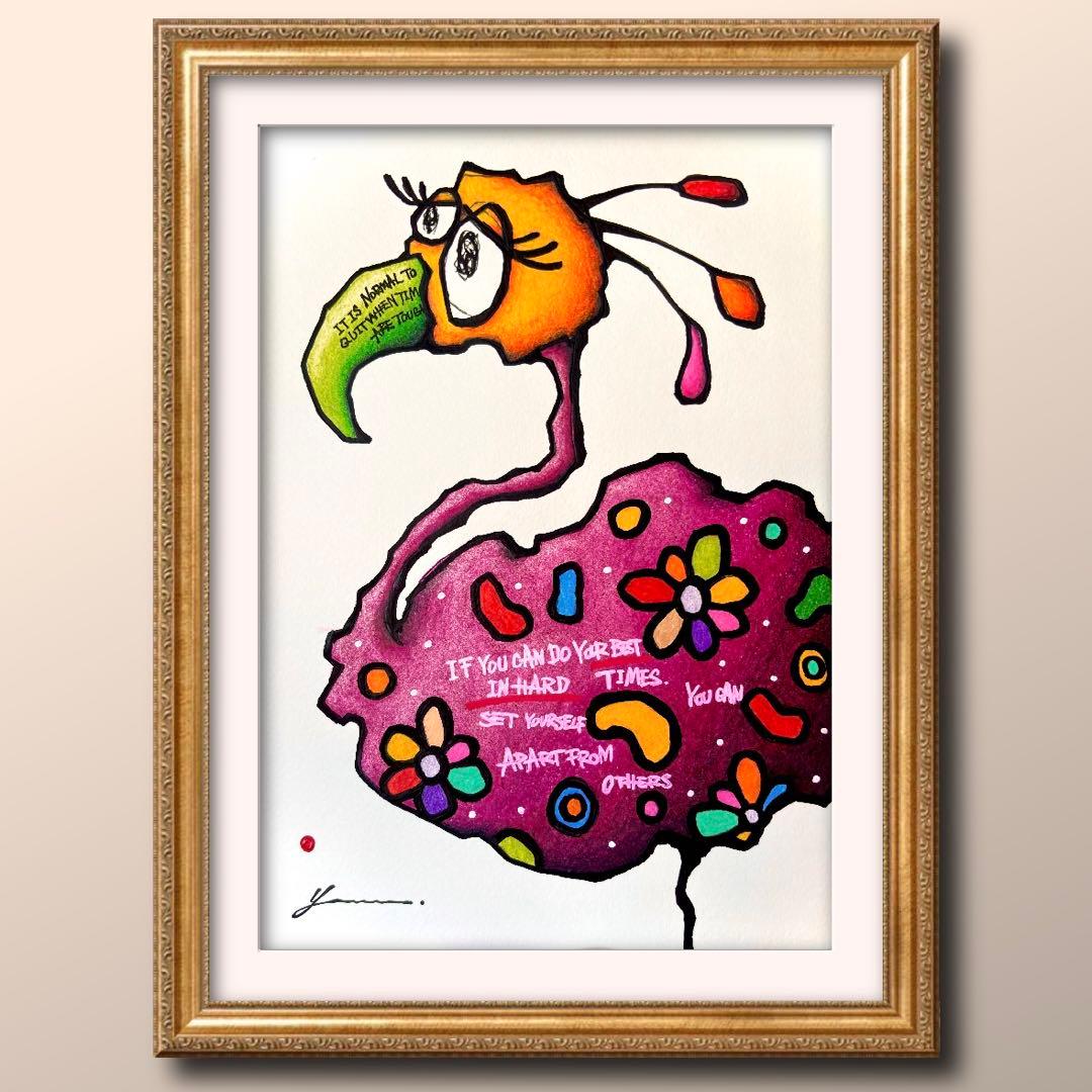 に*け様 「 逃げることをやめたフラミンゴ 」｜絵画 原画 抽象画 動物画 ドロ