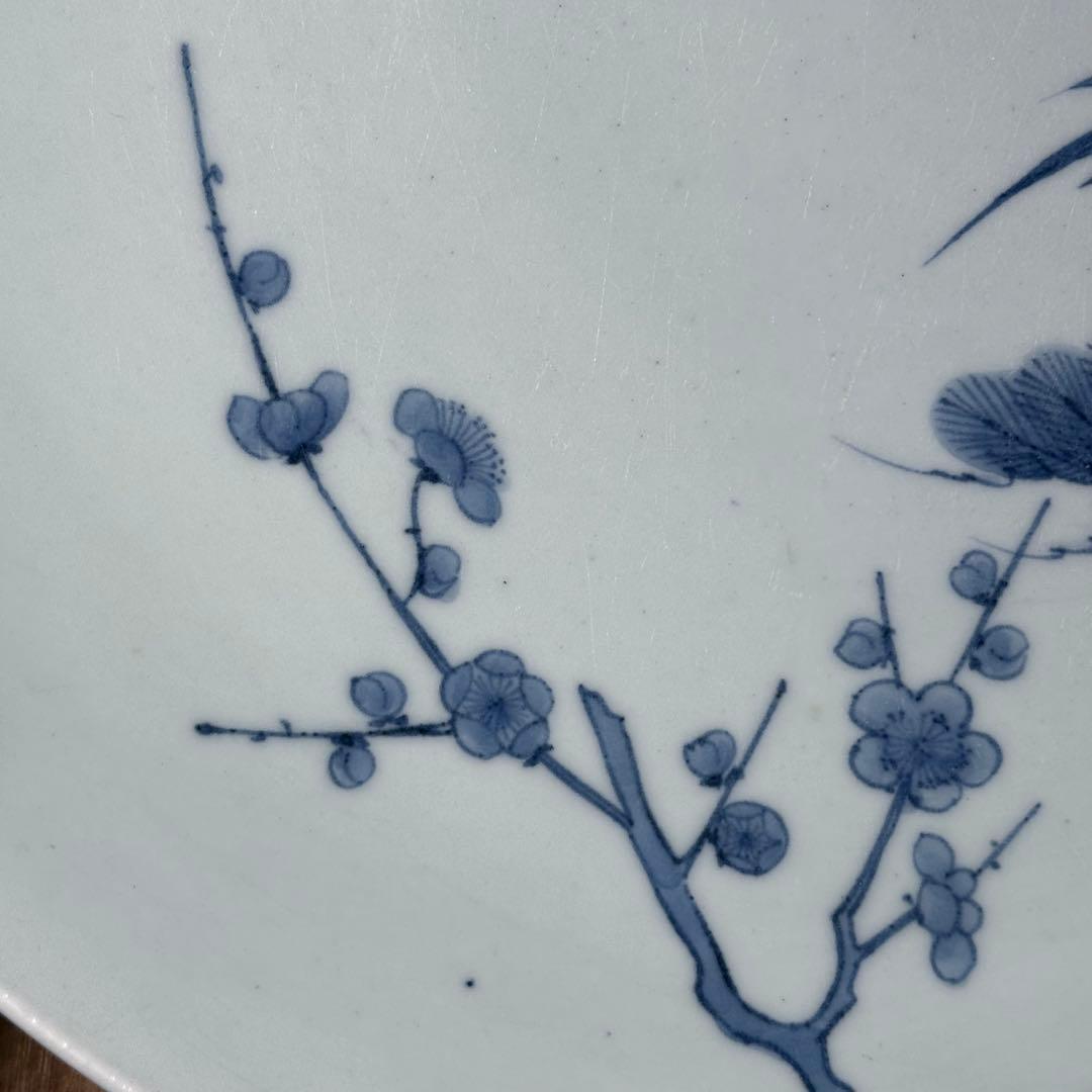 江戸後期　染付松竹梅大皿　後期鍋島　三方兜唐花文　高台櫛目文　桐箱付　34cm