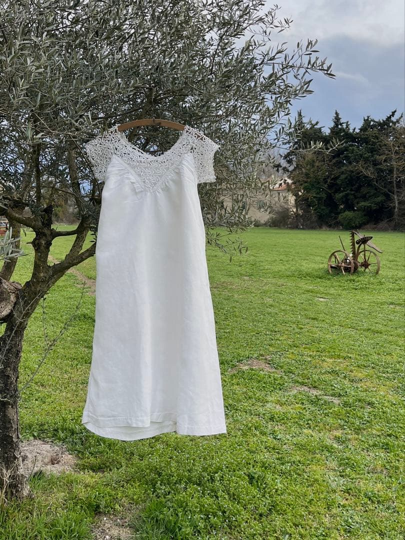 ◆フランスアンティーク｜手編みレースのナイトドレス、リネンワンピース、ネグリジェ