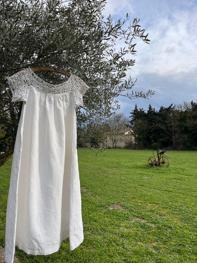 ◆フランスアンティーク｜手編みレースのナイトドレス、リネンワンピース、ネグリジェ