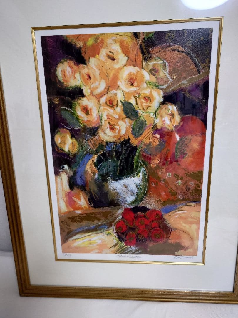 アンドリュープライス　黄色いバラ　版画　絵画　花　静物画　花瓶　額入り