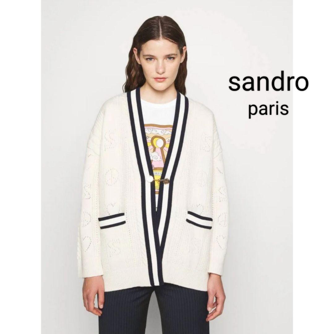サンドロ　ウールパンチングロゴカーディガン 　金ボタン　ニット　バイカラー