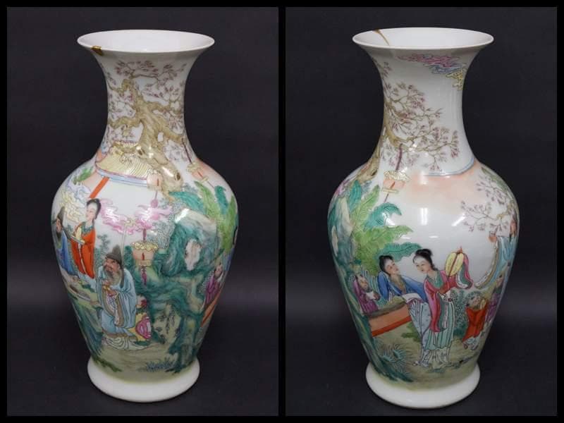 清時代 雍正年製在銘粉彩色絵『人物物語文』飾壺/ 花器 金継ぎ”あり