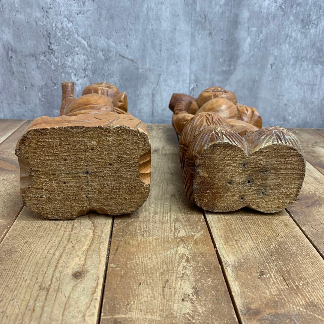 4F 【縁起物】木彫り 恵比寿 大黒天 2体セット 彫刻 置物