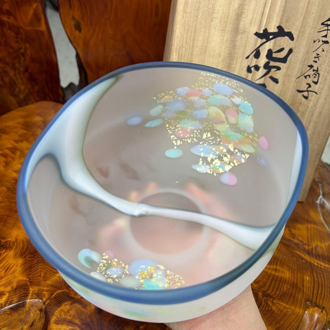 石井康治 手吹硝子(手吹ガラス)金彩 花吹雪 鉢　共箱 日本ガラス工芸協会会員