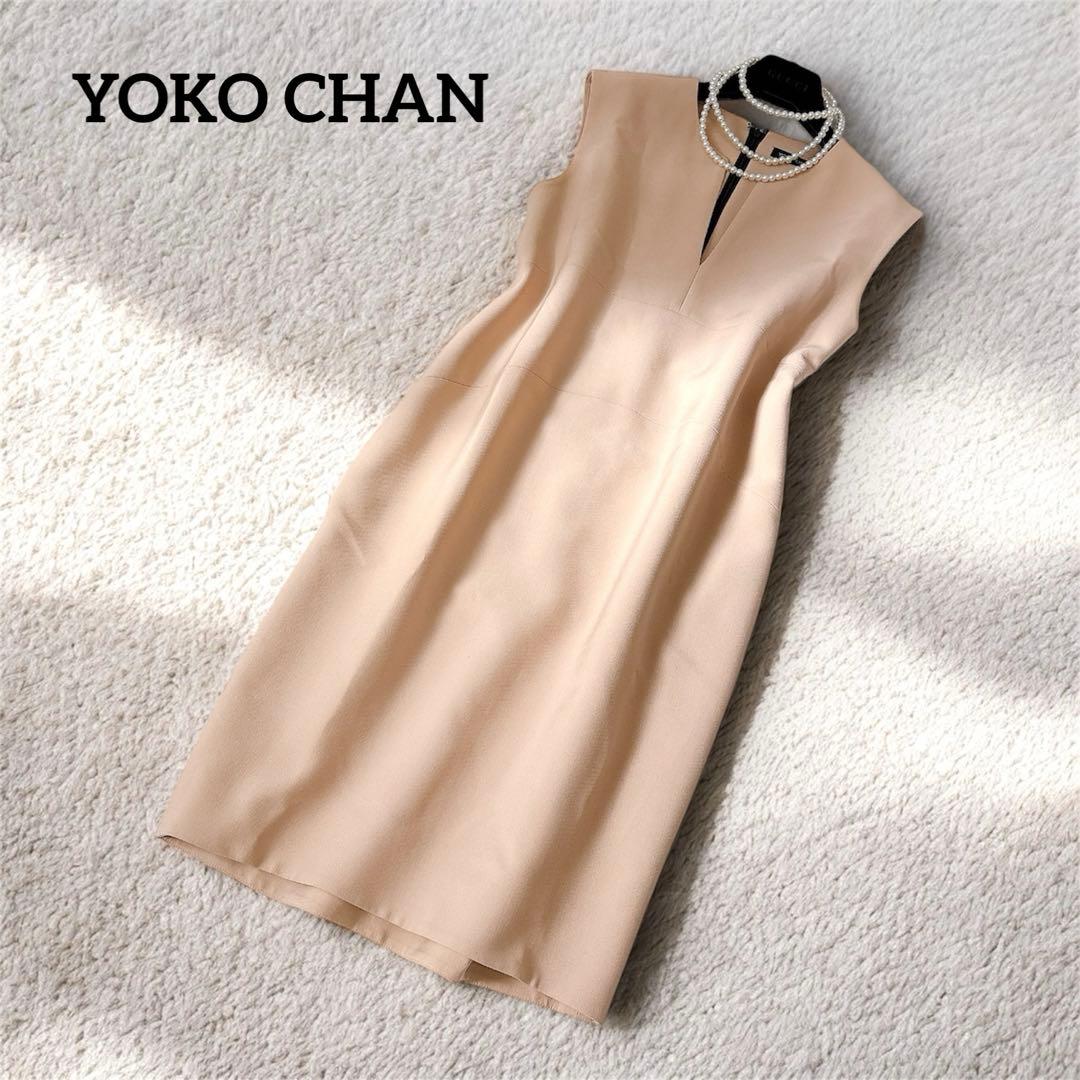 YOKOCHAN コクーンワンピース　ピンクベージュ　スリットネック　膝丈　L