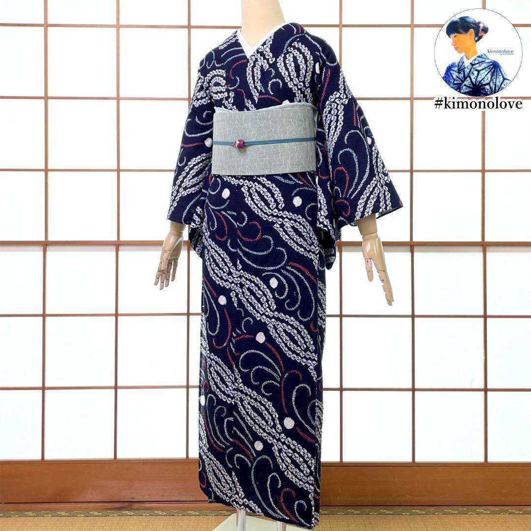 有松鳴海絞り 夏着物 浴衣 綿 斜め縞 濃紺 手縫い仕立て A-2314