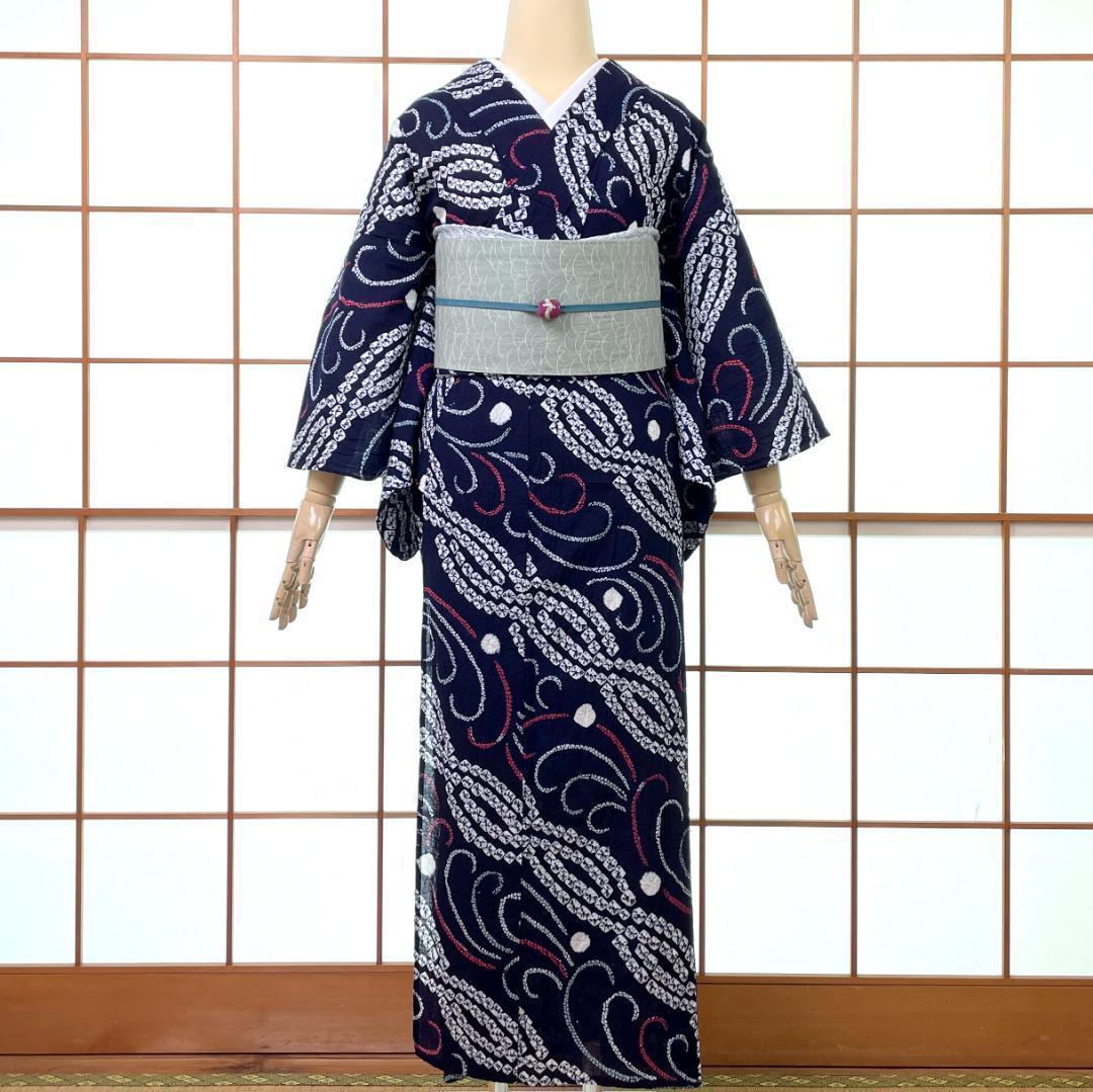 有松鳴海絞り 夏着物 浴衣 綿 斜め縞 濃紺 手縫い仕立て A-2314