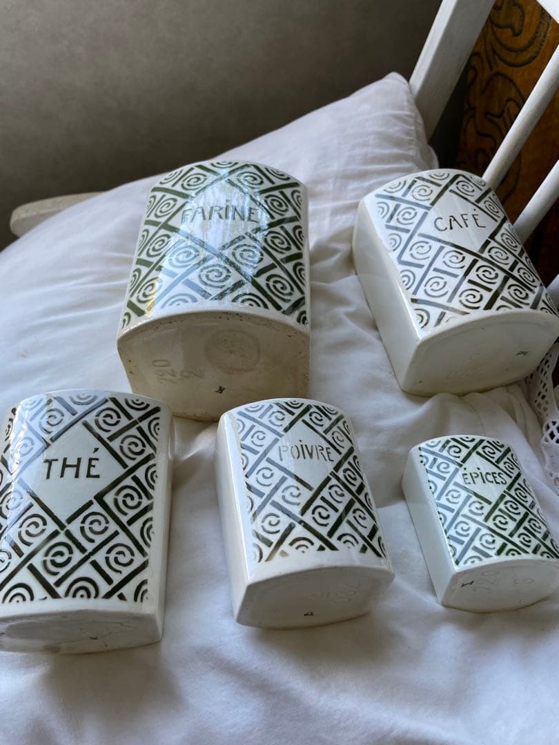 フランス　アンティーク 陶器キャニスター　5個　オリーブ色　モス　グリーン　レア