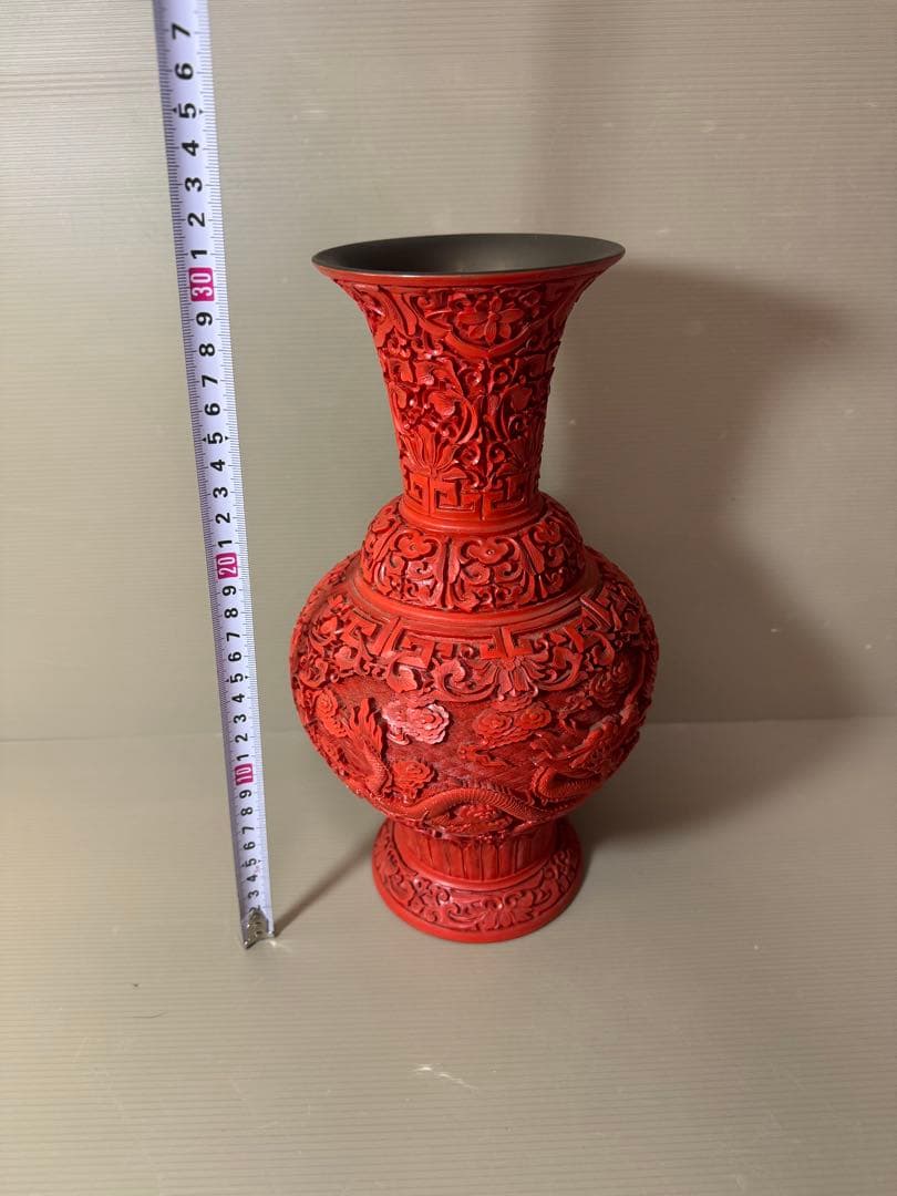 2722 中国美術 漆器 堆朱 剔紅 細密 唐草牡丹雲龍紋 花瓶