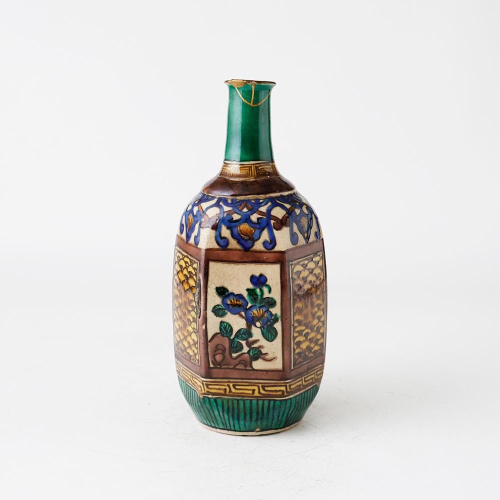 明治25年（1892年）購入の品 青手古九谷 徳利二客 花唐草文 金継共箱 酒器