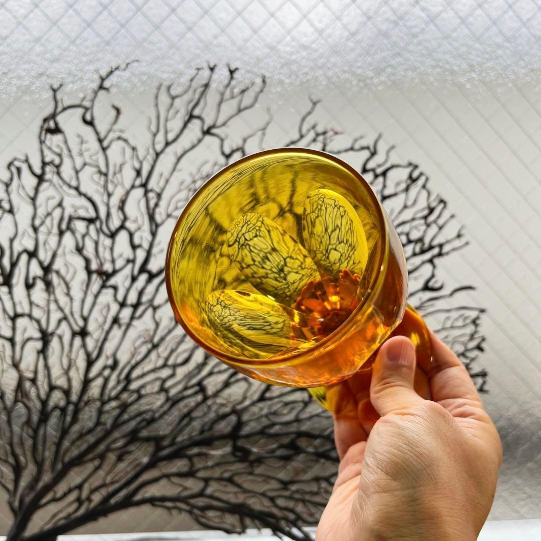 骨董　時代ガラス　希少鼈甲色　ライトアンバー飴色　オーバルカット　切子　ウラン