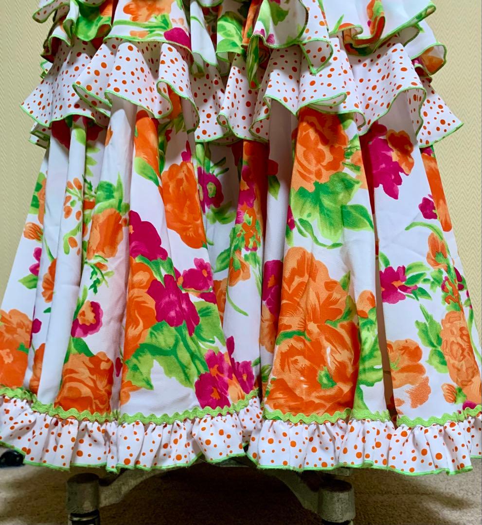 フラメンコ衣装　スペイン製フラワープリントワンピース、ウエストベルト付き