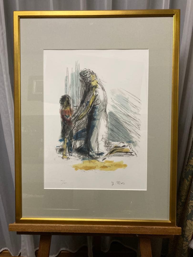 リトグラフ　森芳雄 母子像　直筆サイン　被せ箱付属　美品年鑑掲載作家