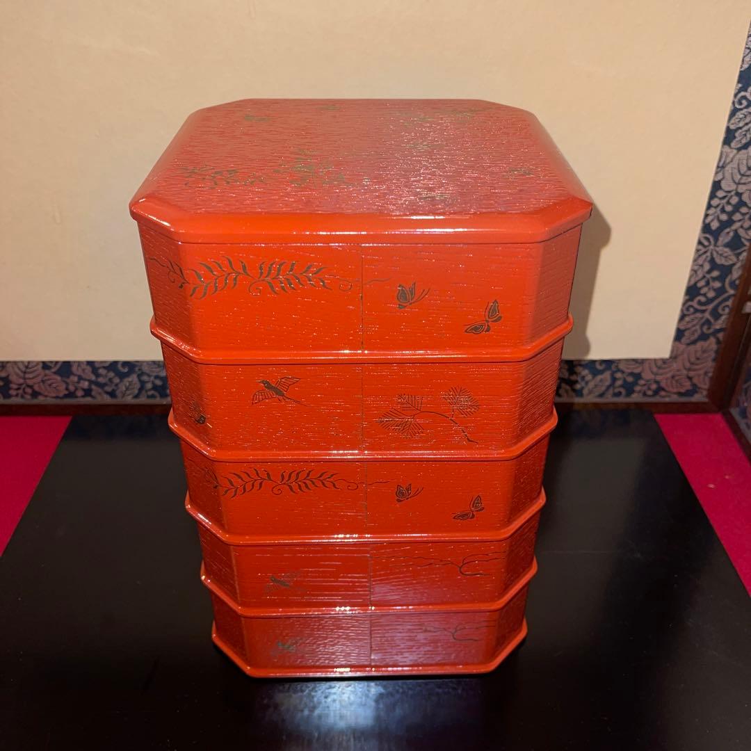 茶道具　朱縁高重花鳥絵　蓋付