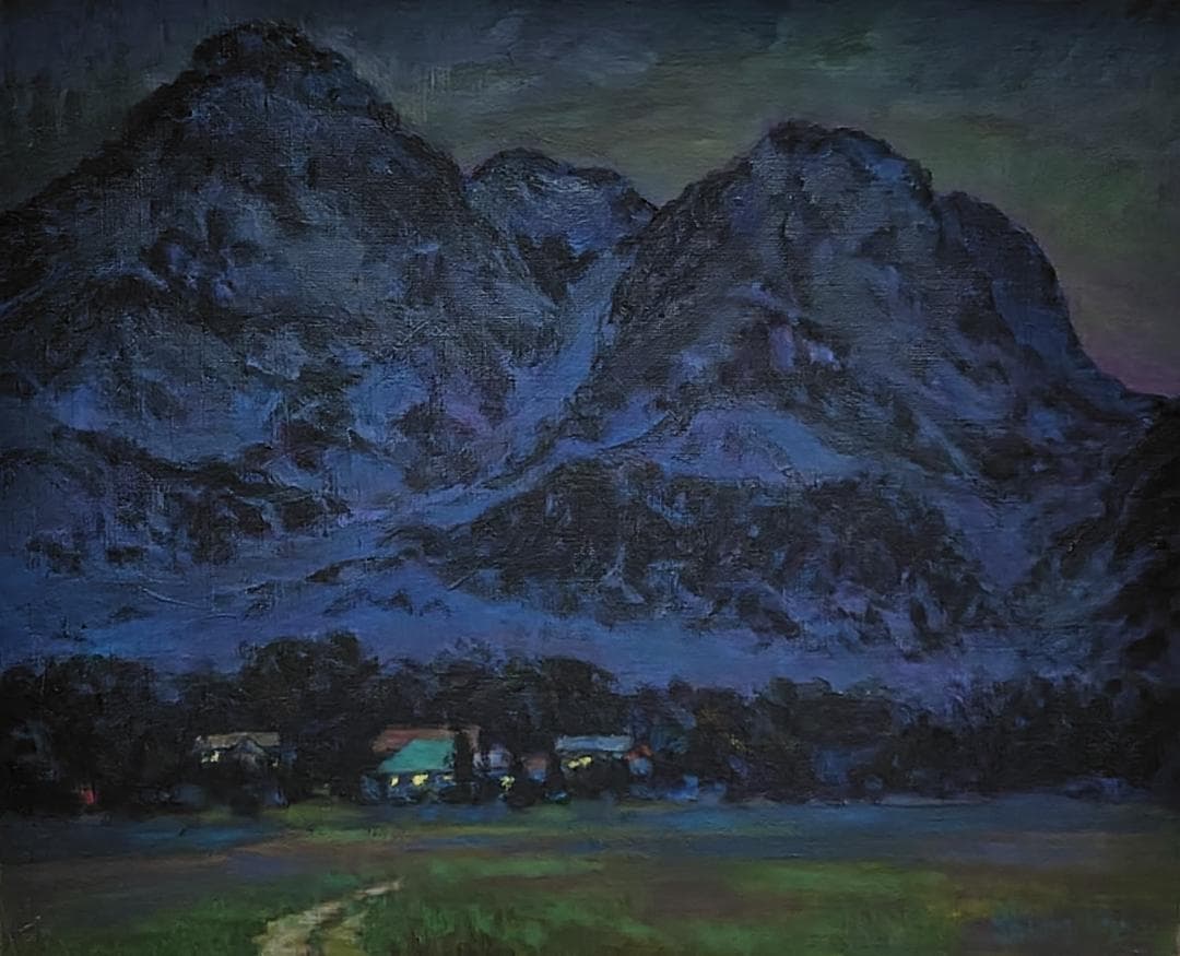 「山小屋の灯」1991 F15 油絵 油彩画 絵画 アート 燧ヶ岳 尾瀬ヶ原