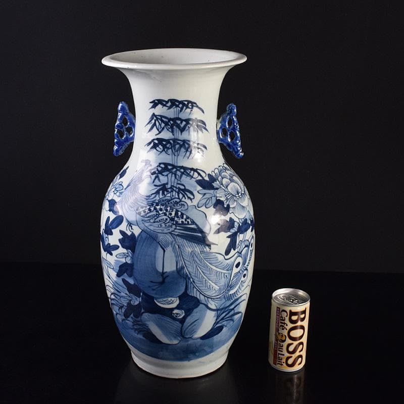 中国　青花　鳳凰花文　双耳瓶　高さ約43cm　M　R7622F