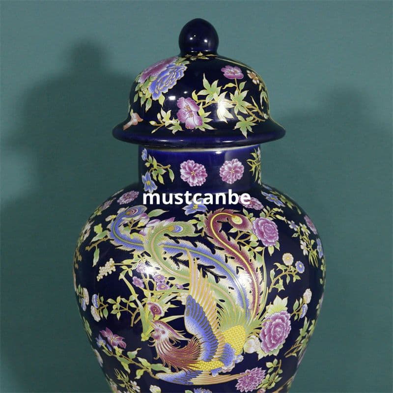 清康熙官窯藍底鳳凰紋将軍缶 景徳鎮 陶磁器 装飾品 現代工芸品 美術品 置物