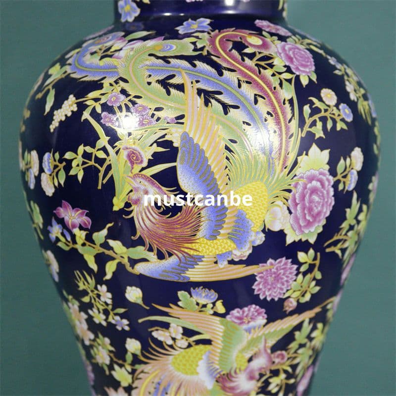 清康熙官窯藍底鳳凰紋将軍缶 景徳鎮 陶磁器 装飾品 現代工芸品 美術品 置物