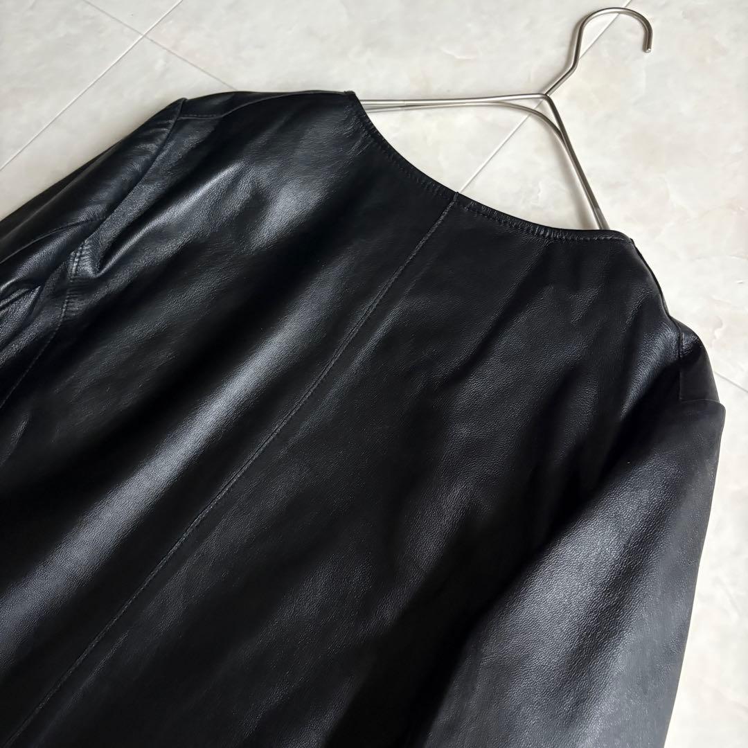美品・特大✨23区 ノーカラーラムレザージャケット 黒 48 ゆったり