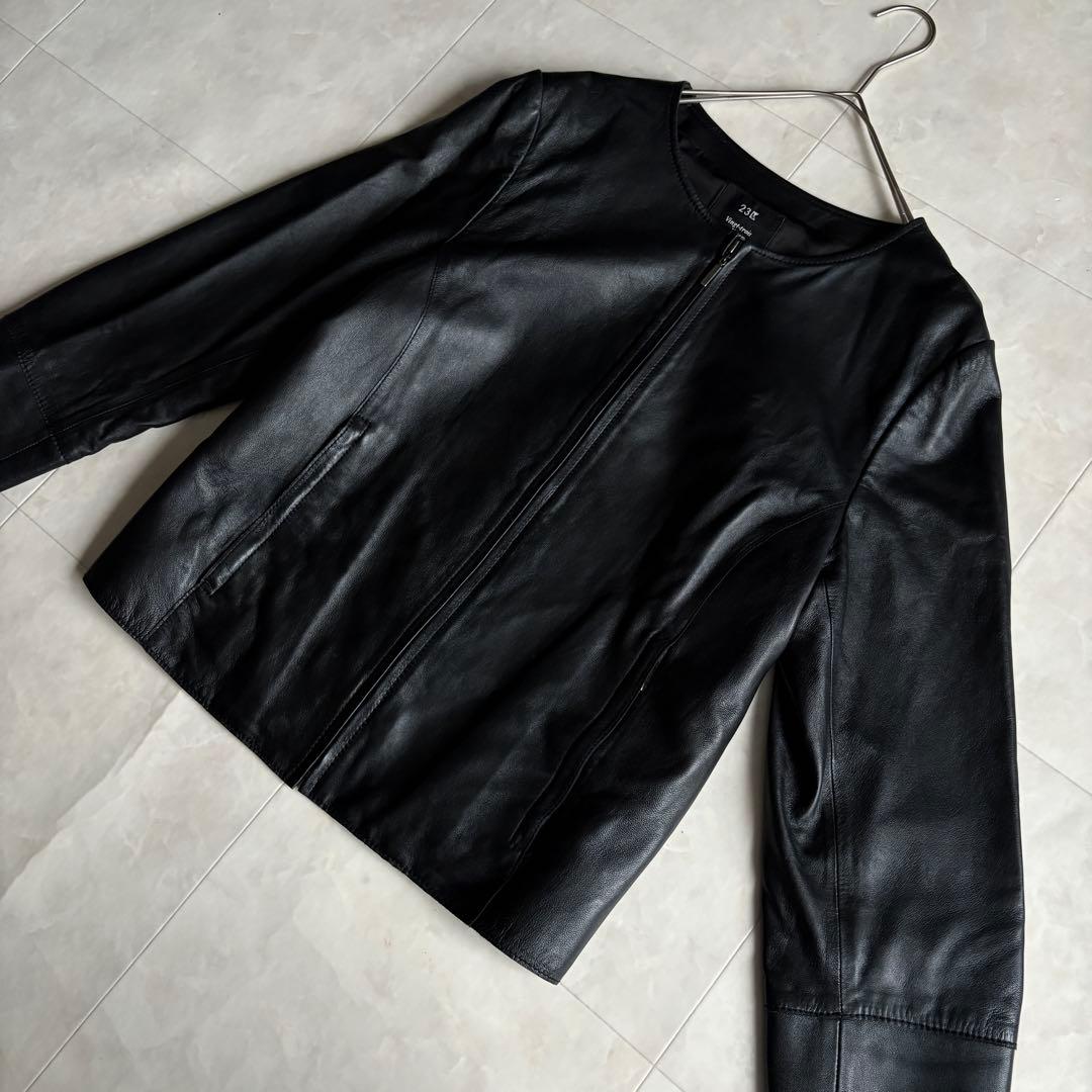 美品・特大✨23区 ノーカラーラムレザージャケット 黒 48 ゆったり