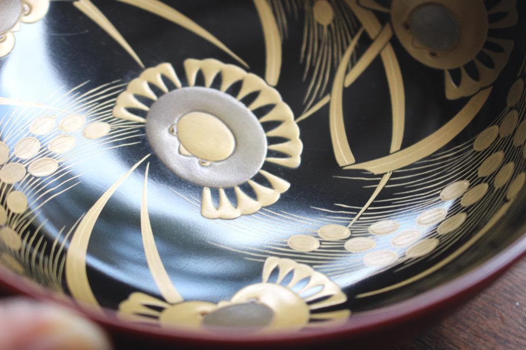 デッドストック！深みある糸目紅溜塗に極上稲穂福来雀蒔絵のお椀2点（検輪島塗雑煮椀