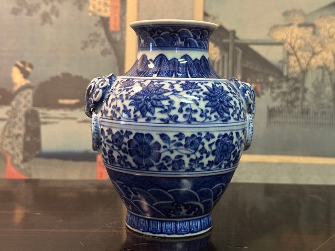 染付雙耳小壺 大清乾隆年製 清花瓶 箱付 中國古美術 高 15cm