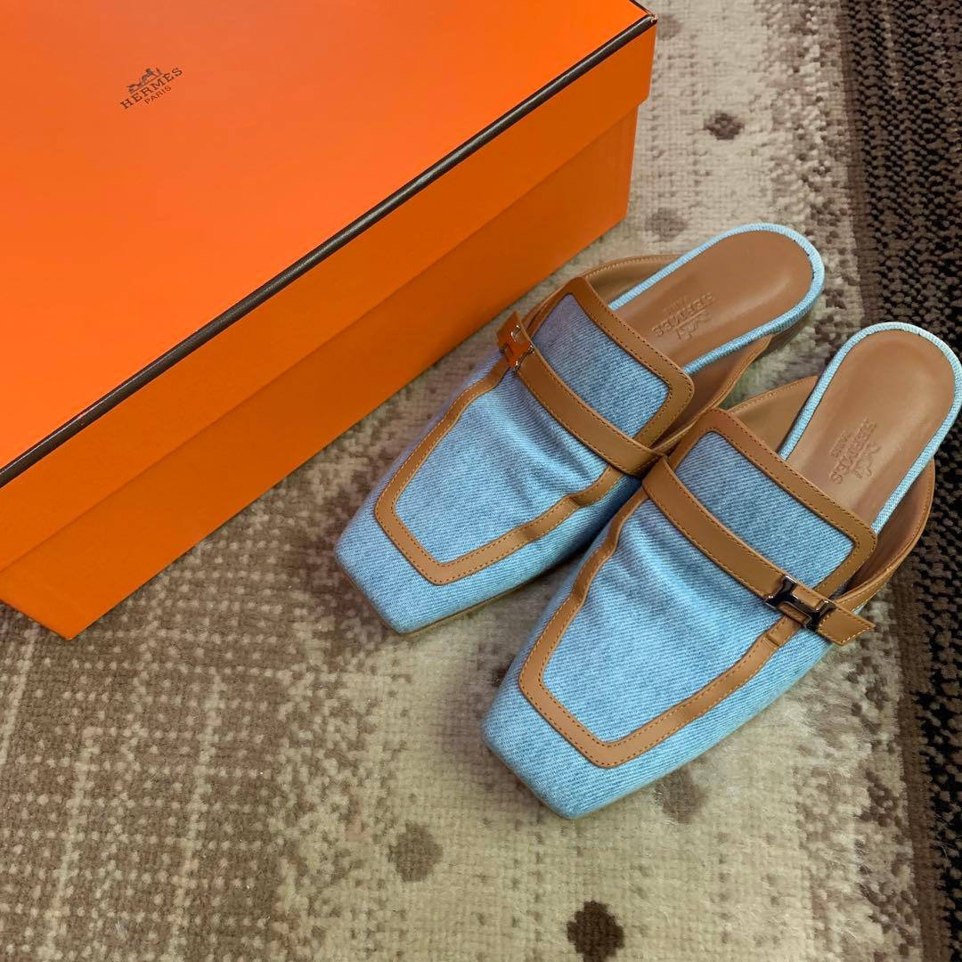 HERMES エルメス グルーピー デニム レザー サンダル 35 22.5cm
