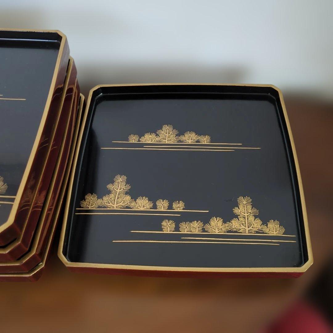 骨董　お膳　若松　蒔絵　角切　木製　漆器　脚付き　お盆　5枚