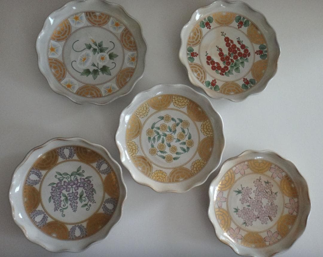 井泉窯　小川忠計作【源氏の花】和菓子皿揃共箱　栞付　丸皿一枚　小皿5枚セット