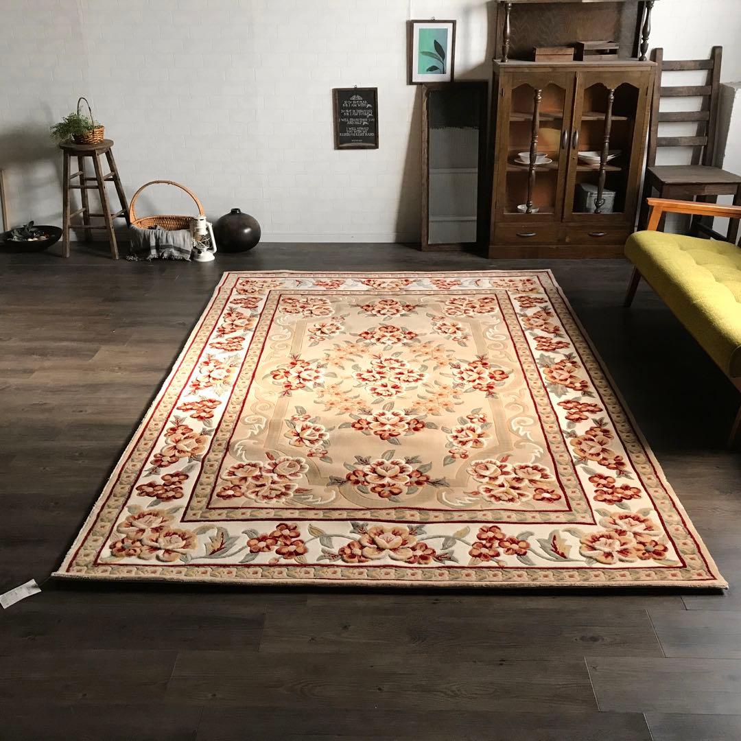 花柄 和風 ラグ ラグマット 段通 絨毯169×241cm ベージュ