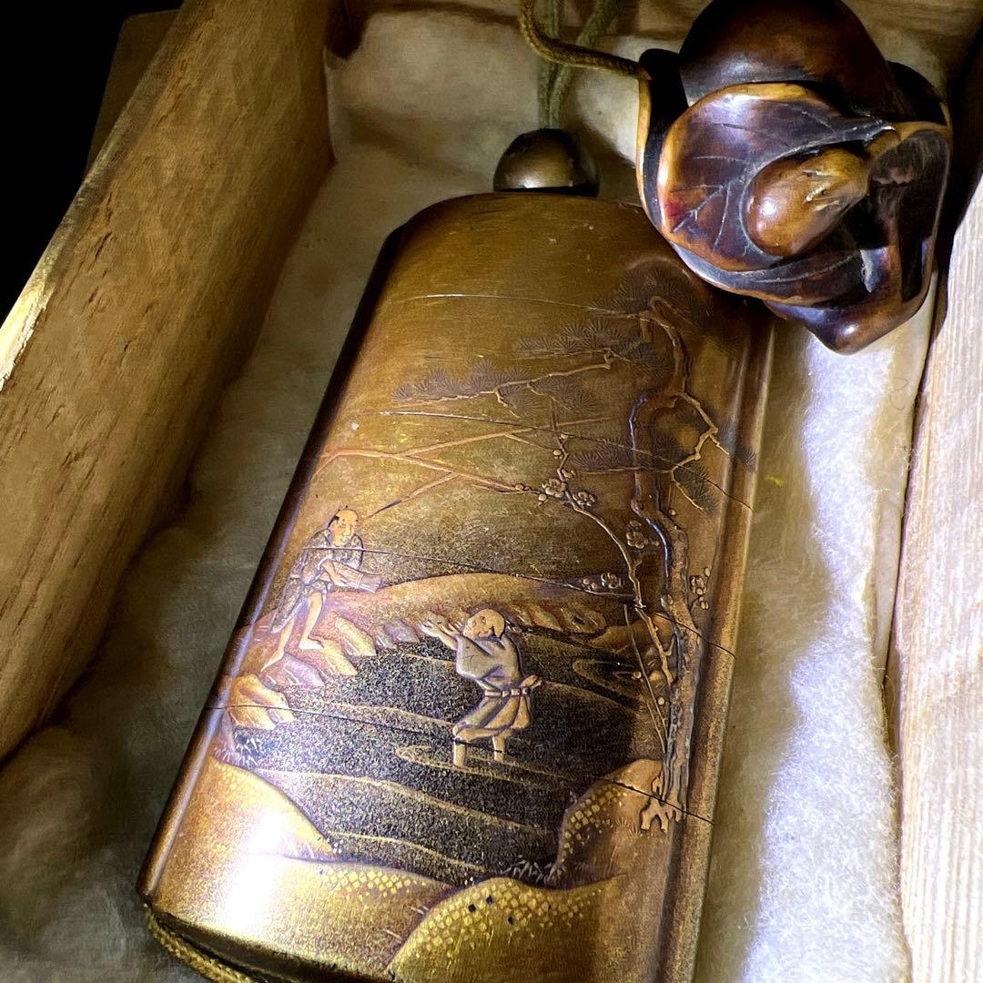 江戸時代　極上蒔絵山水人物画五段印籠、木彫根付　木箱付　東Y8-0128☆2F