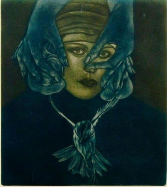 池田満寿夫 メゾチント　鳥のネックレス　79/250 鉛筆サイン入り　真作