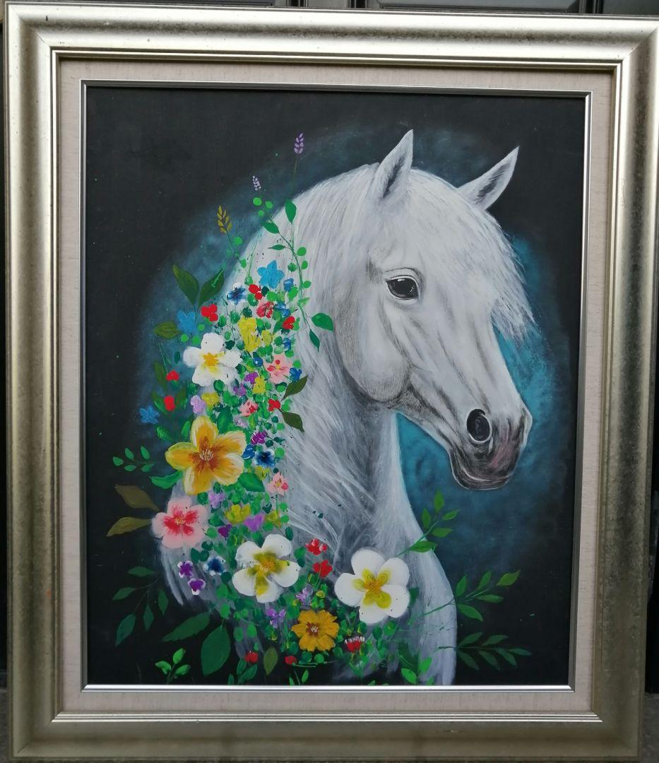 絵画　アクリル絵　額縁　ボード　動物 馬　干支　花