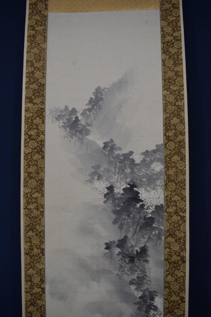 【真作】岸竹堂/春景嵐山図/桜花山水図/掛軸☆宝船☆Y-920　JM