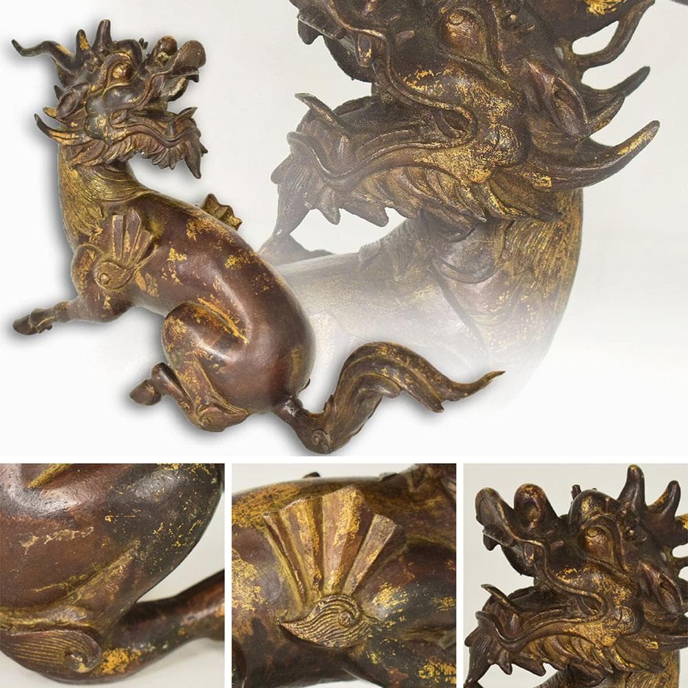 【銅】　★ 文房 銅鍍金坐姿獬豸造像 ★　清朝期　伝説神獣 細密鋳造　雅玩雑項