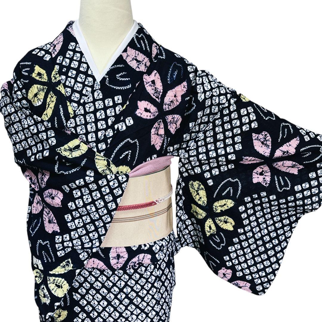 A94有松鳴海絞り 高級浴衣 花 綿　美品　トールサイズ　身丈162cm
