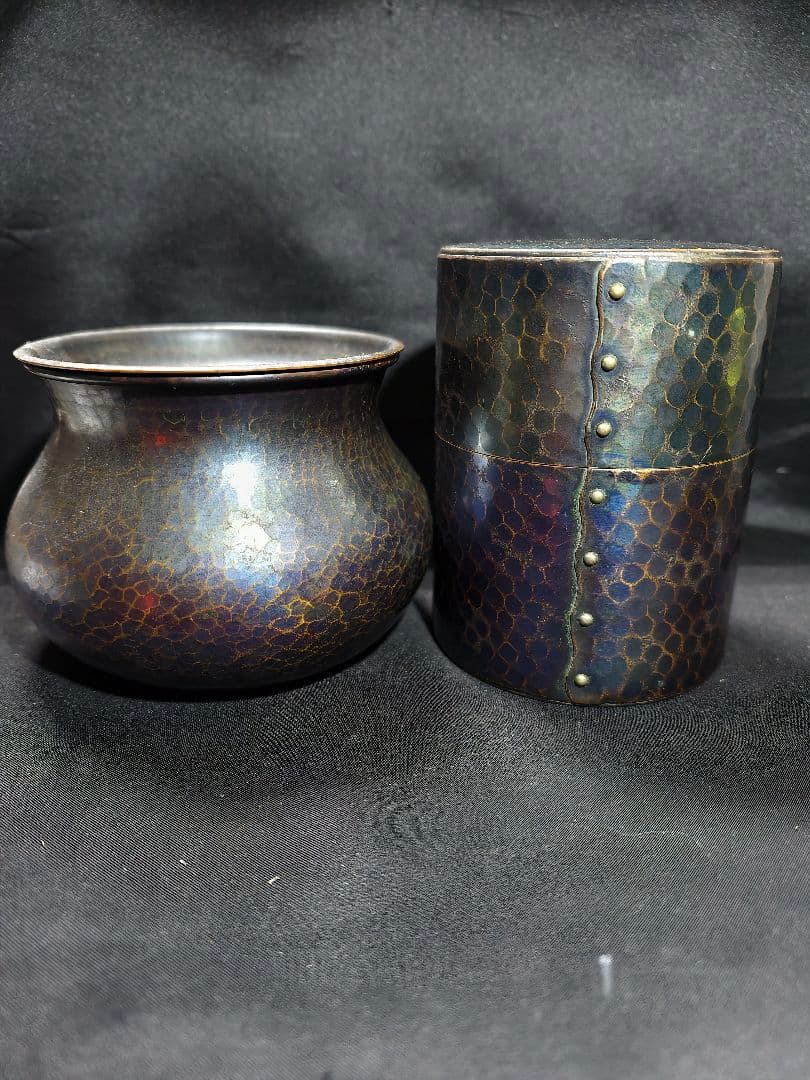 茶道具 玉川堂茶筒+建水 鎚起銅器 新潟県無形文化財 燕三条 旧家蔵出し美品