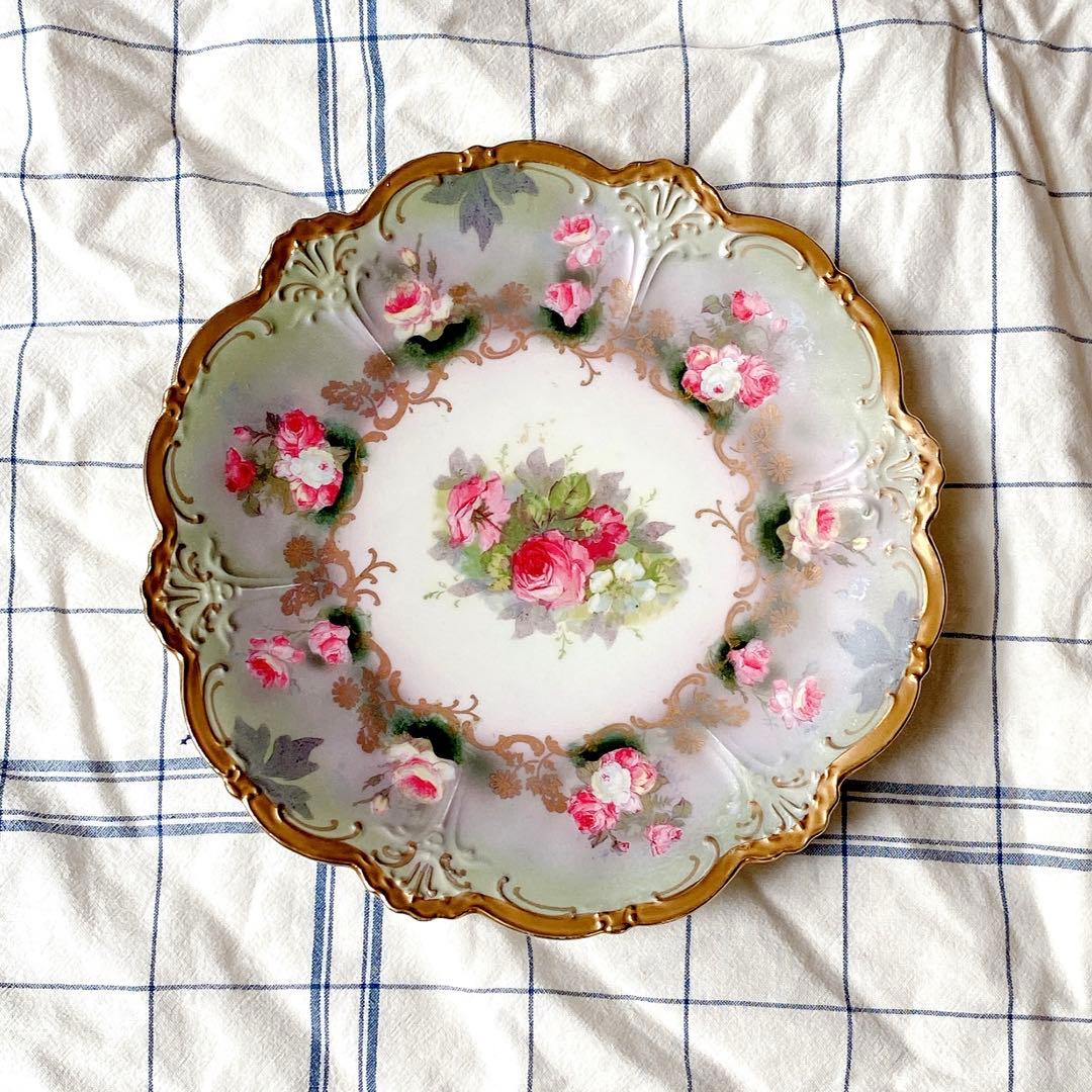 アンティーク　プレート　手描き　金彩　 薔薇　オーストリア