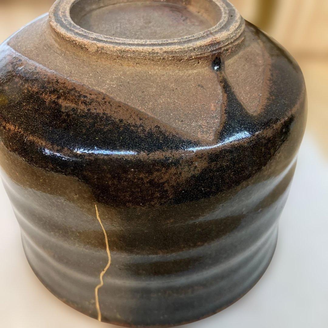 茶道具　茶碗　黒茶碗半筒　金継有り　夜寒窯造　共箱　N212CW