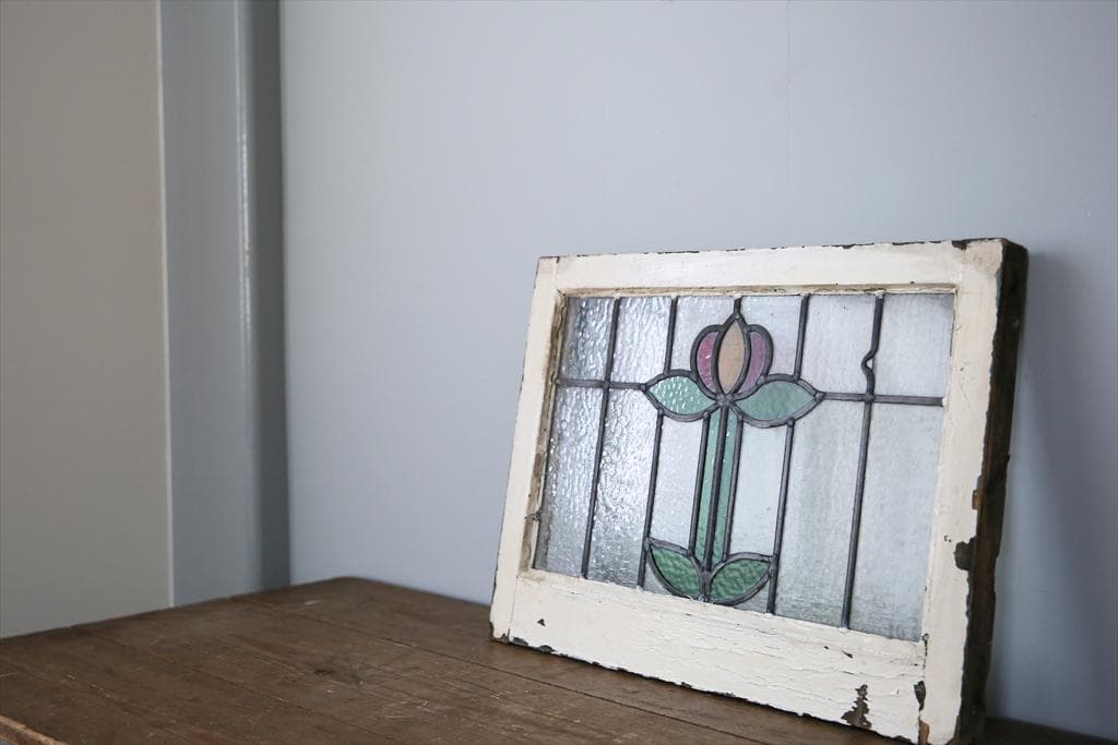 英国アンティークステンドグラス窓枠/ガラスウィンドウ建具/オブジェ(92-48)