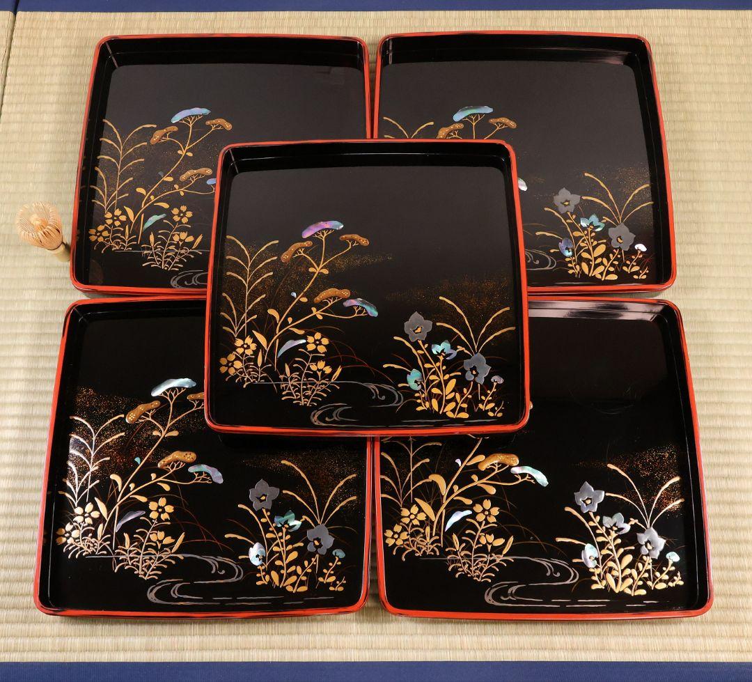古い膳 螺鈿 流水草花 金銀蒔絵 四方膳 卓上 五客 根来 黒 木製 CM388