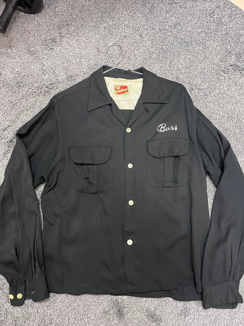 50s 60s レーヨンギャバ ボウリングシャツ チェーンステッチ ブラック