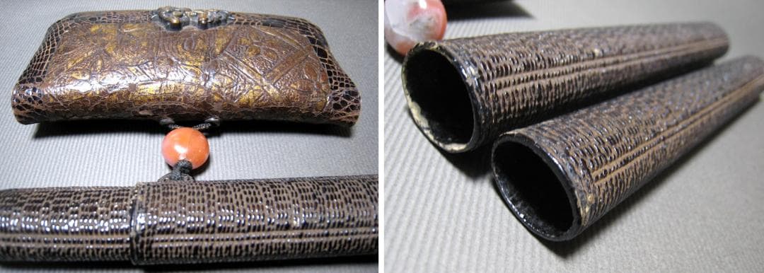 金唐革　花文　煙草入　煙管入　夫婦図　彫金　金具　瑪瑙　緒締　革製　提げ物　骨董