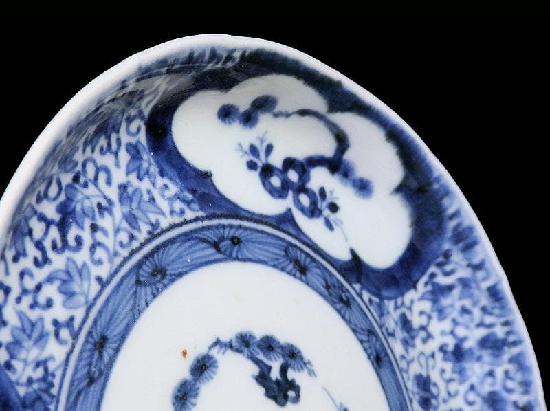 古伊万里　染付 窓絵　松竹梅に萩唐草の図　５寸半皿　291AS-CWt