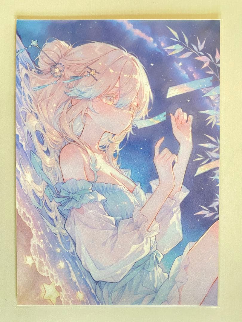 手描きイラスト　『Grant a wish』　オリジナル　創作　原画　少女　A4