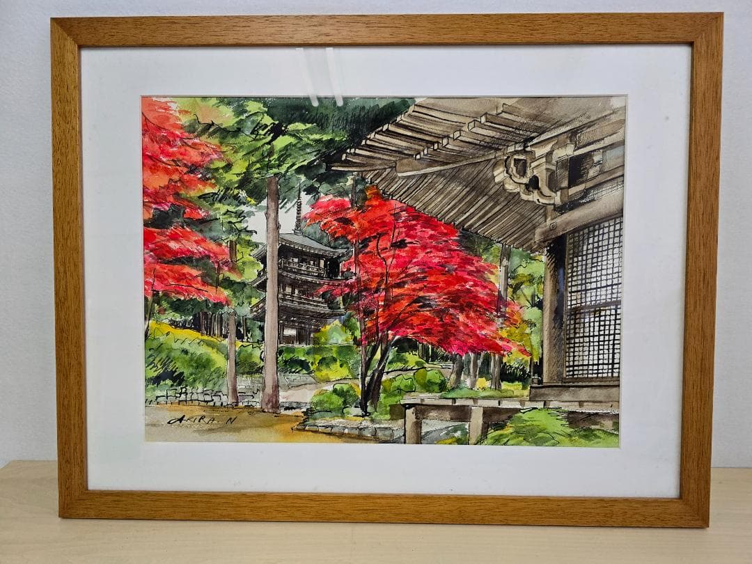 M▽野々村晃 水彩 絵画 額縁 紅葉 寺 (38227)