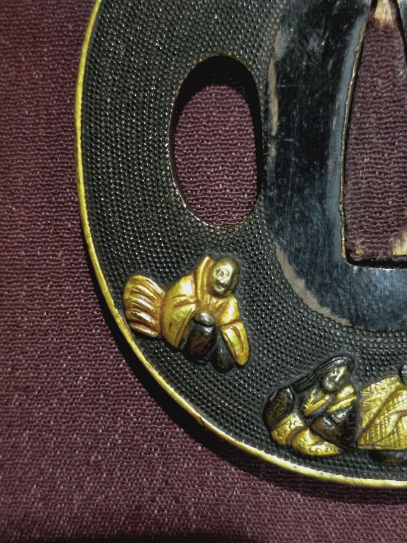 赤銅 魚子地 象嵌 人物 鍔 武者 僧侶 金工 武具 刀装具